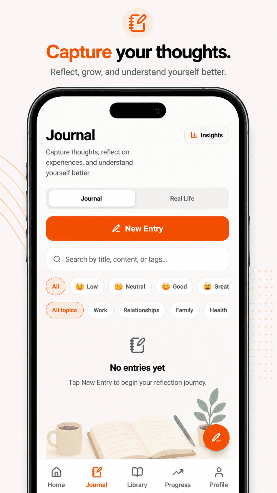 Journal reflections with moods, tags, and AI insight